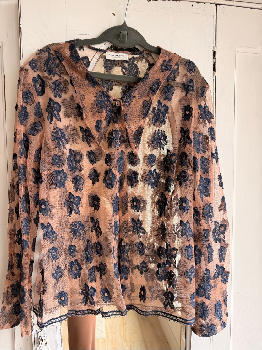 Dries Van Noten Blush Sheer Blouse with Navy Floral Embroidery